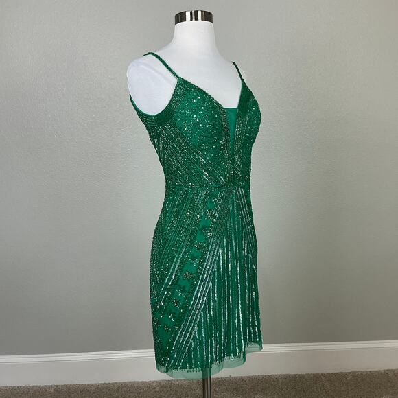 JKara Sequined Sleeveless V-Neck Mini Sheath Cocktail Party Dress Green Size 6 - Picture 2 of 12